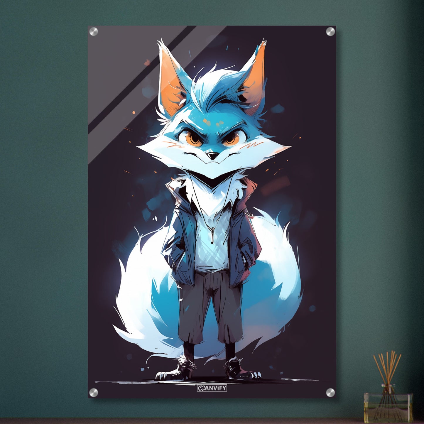 Blauer Fuchs als Detektiv auf einem Acrylbild