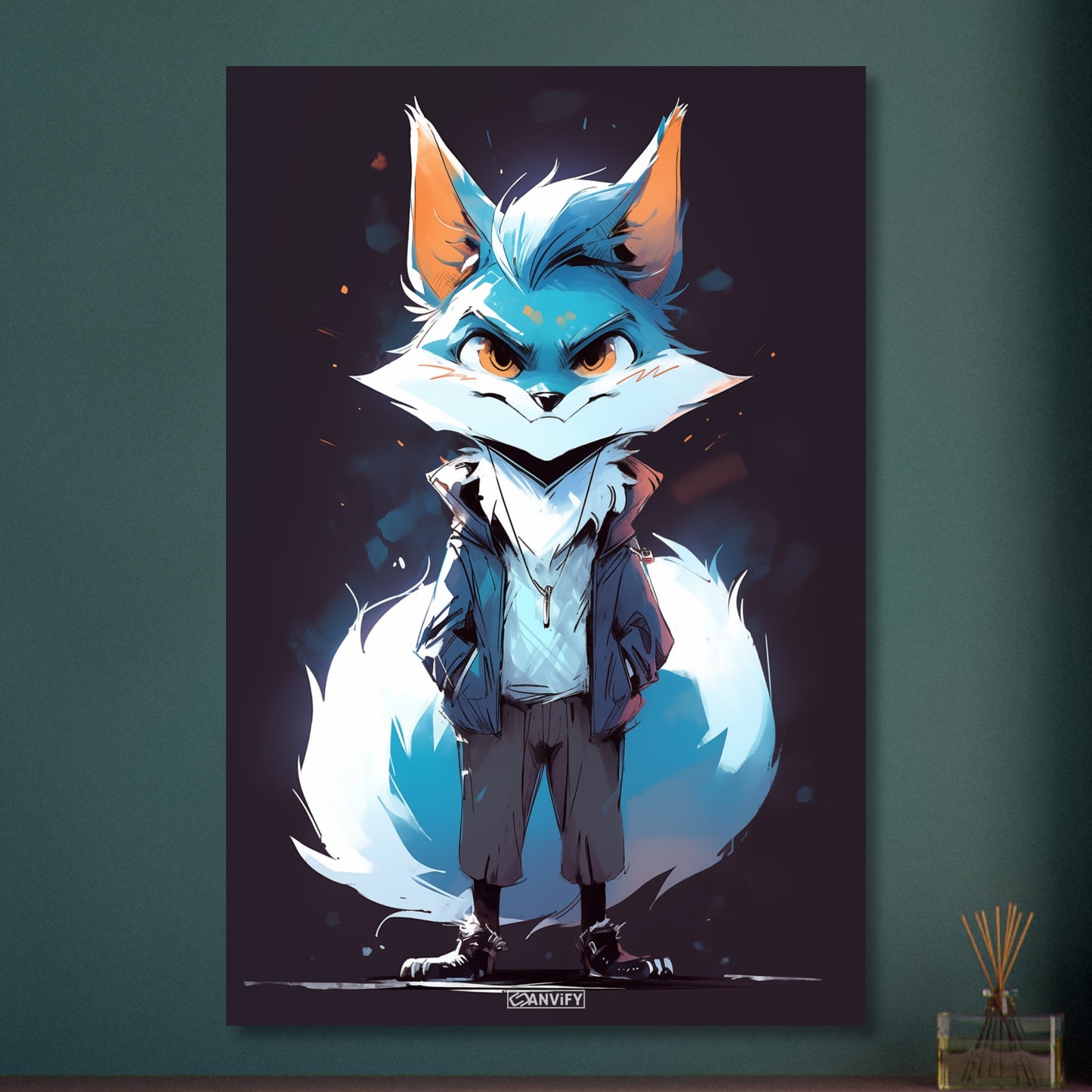 Blauer Fuchs als Detektiv auf Aluminium