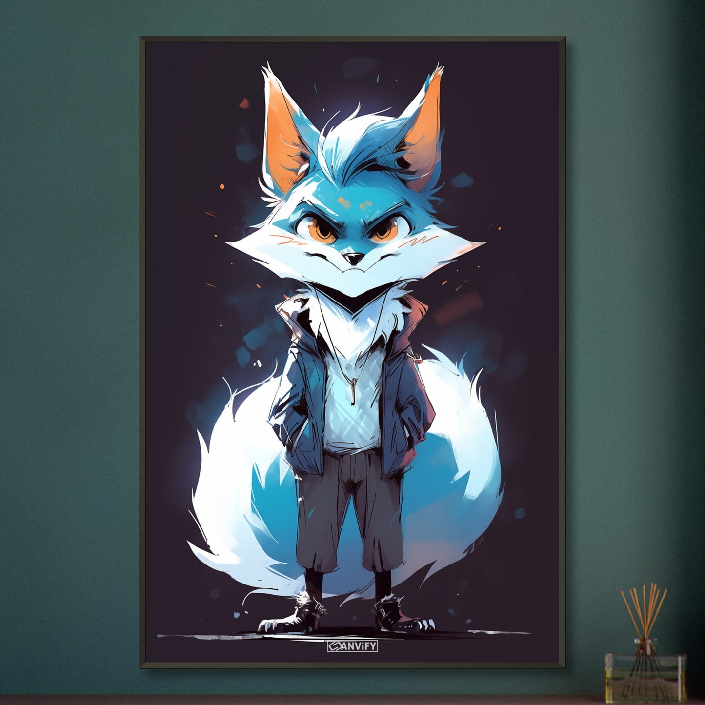 Blauer Fuchs als Detektiv auf einem Poster im Metallrahmen