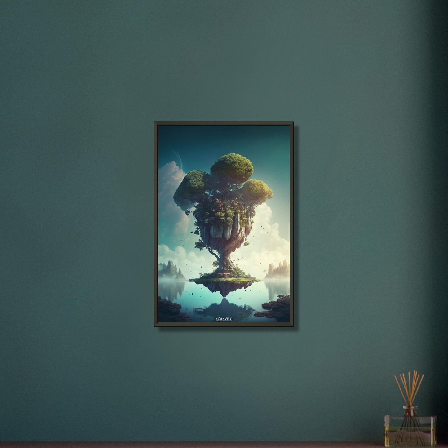 Dschungelinsel mit einem Baumhaus auf einem Poster im Metallrahmen