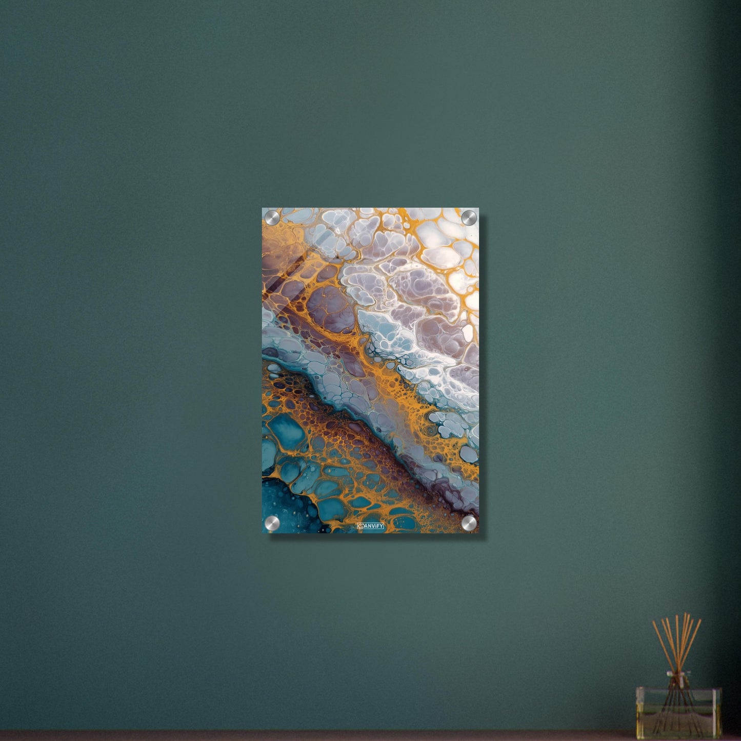Fluid Art Weiße Blasen mit Blauen und Gelben Akzenten auf einem Acrylbild