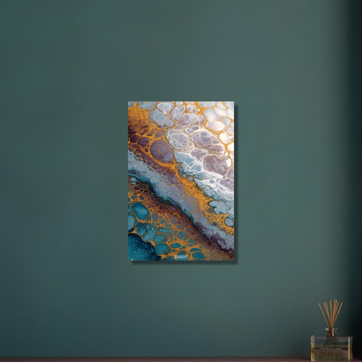 Fluid Art Weiße Blasen mit Blauen und Gelben Akzenten auf Aluminium