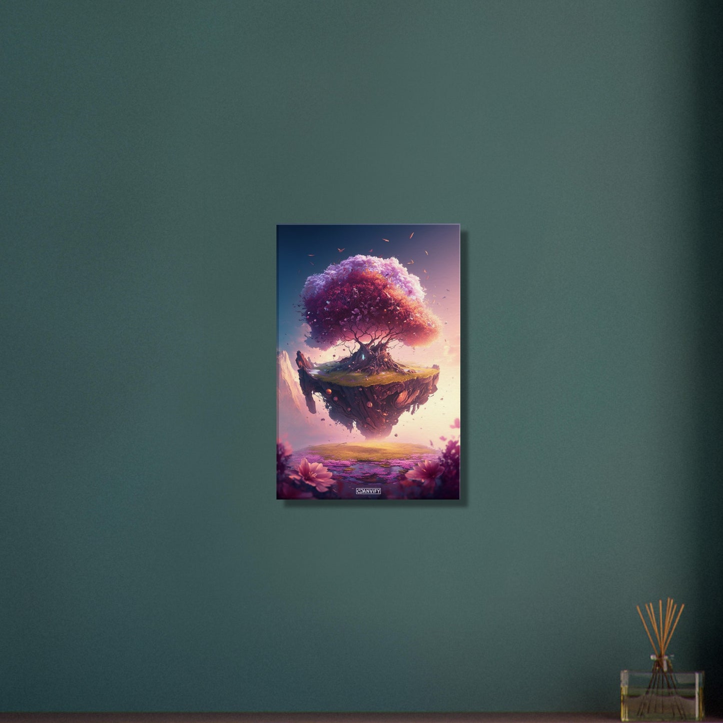 Schwebender Kirschblütenbaum mit Blumen auf einer Leinwand