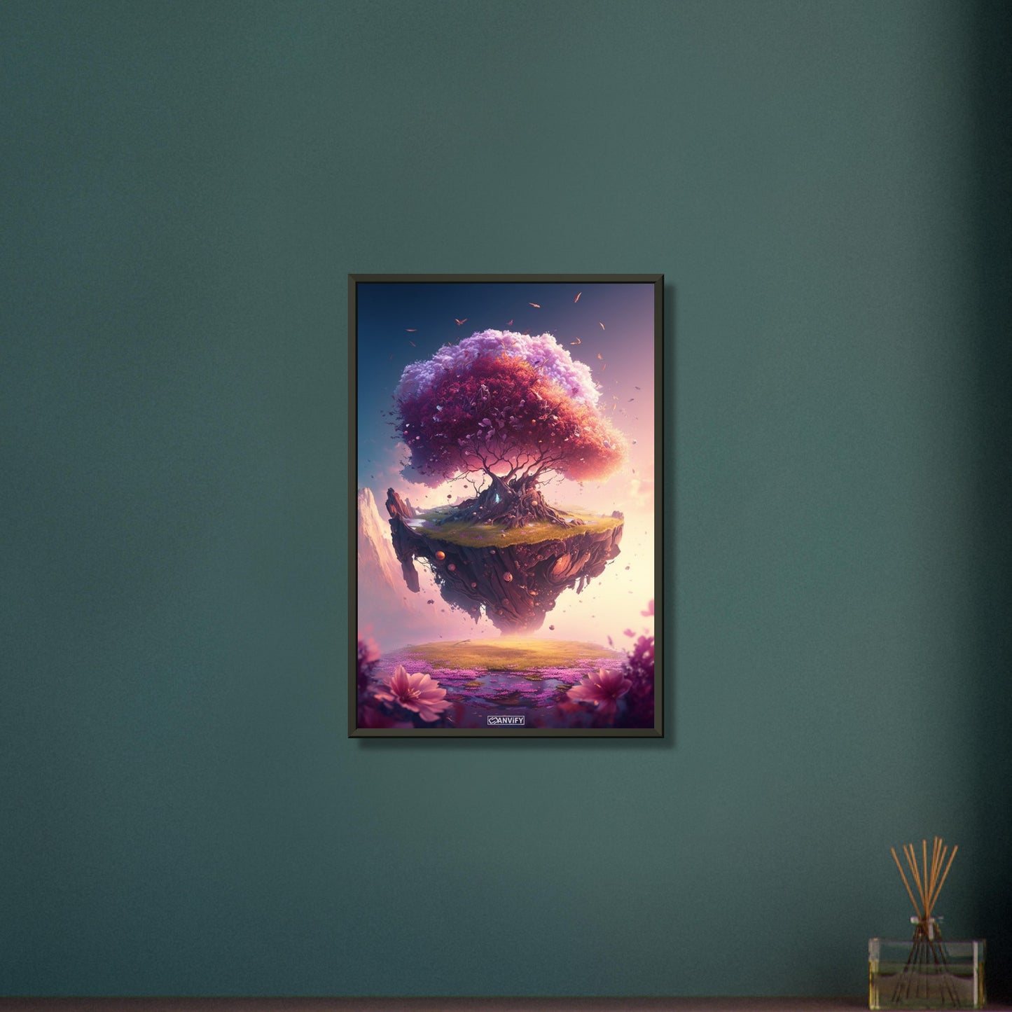 Schwebender Kirschblütenbaum mit Blumen auf einem Poster im Metallrahmen