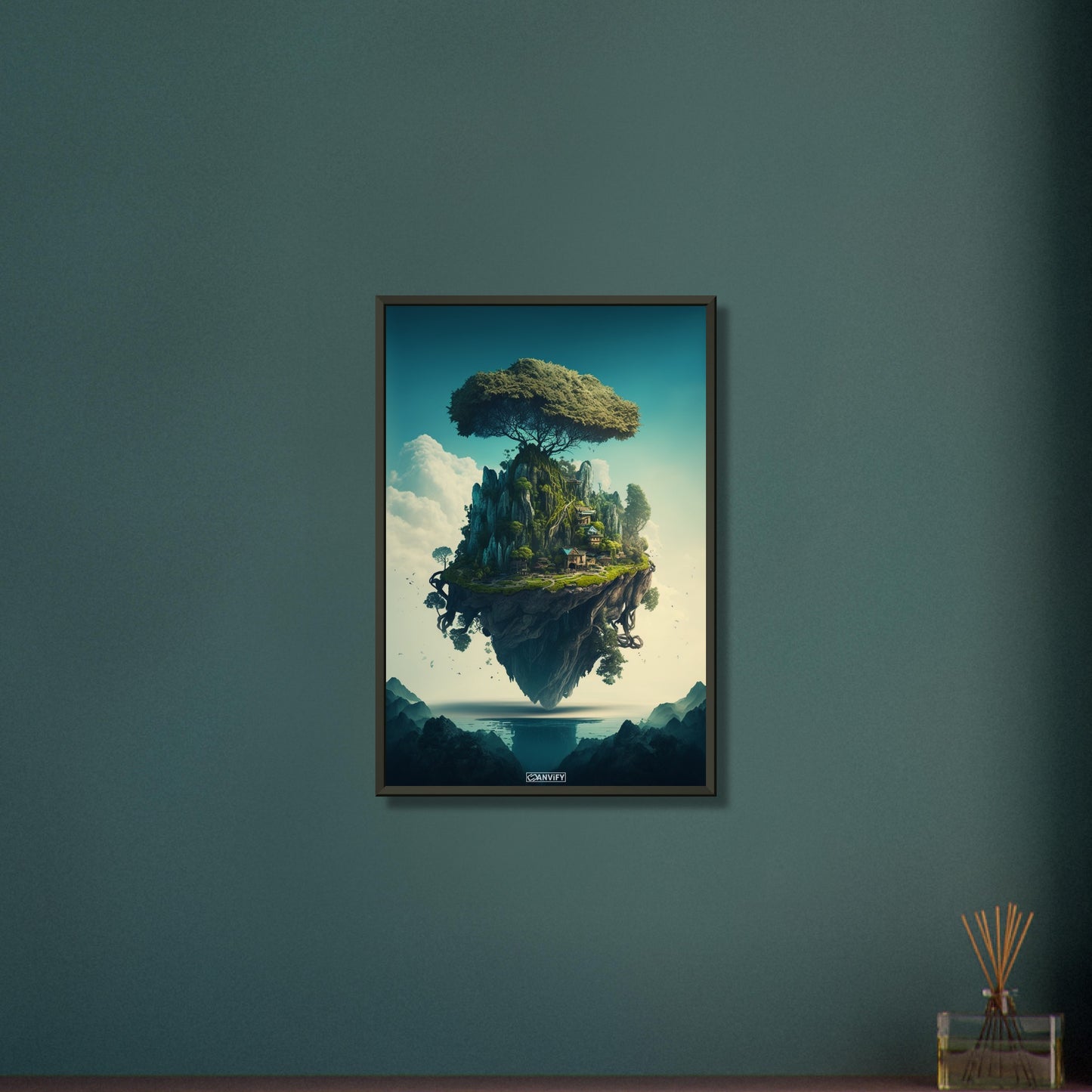 Dschungelbaum mit einer Kleinstadt auf einem Poster im Metallrahmen
