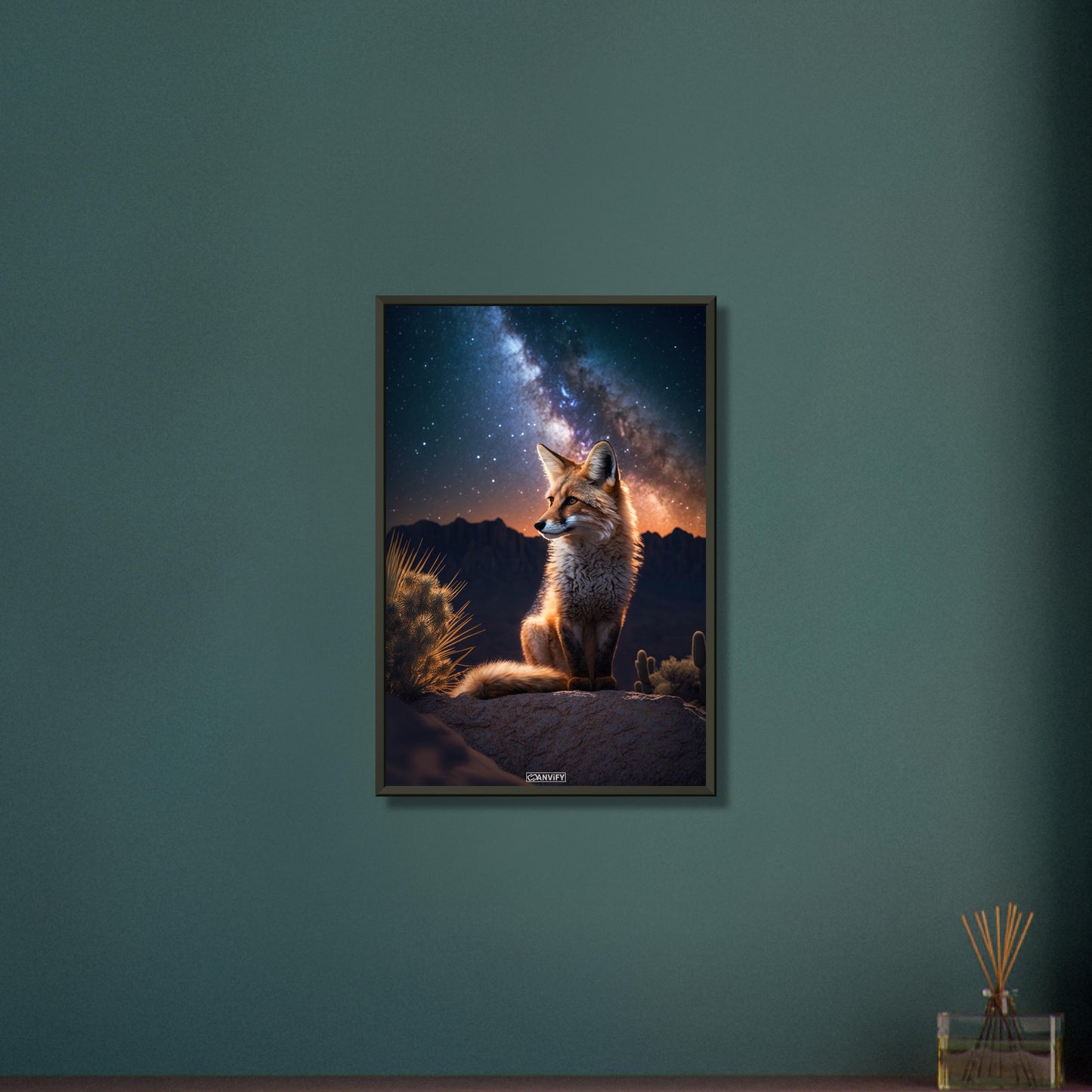 Fuchs in der Wildnis und unter der Milchstraße in der Steppe auf einem Poster im Metallrahmen