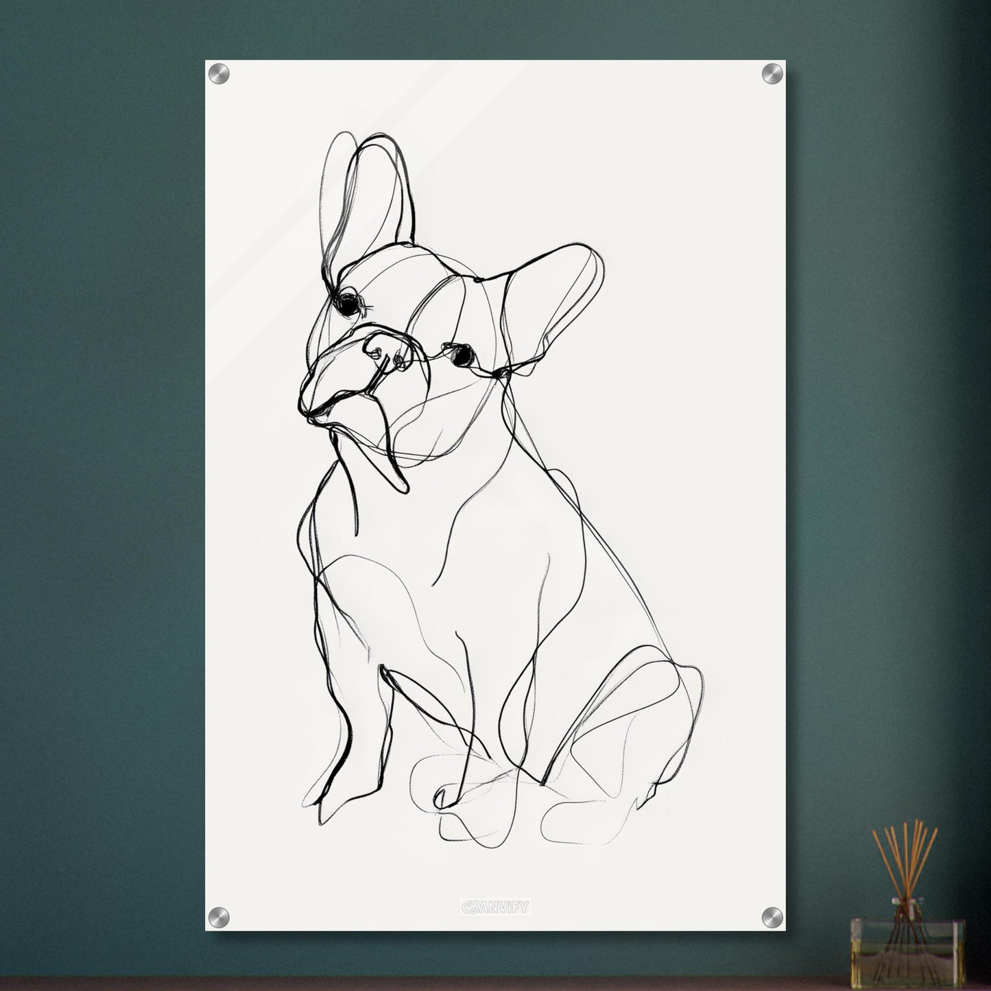 Französische Bulldogge gezeichnet mit einer Linie auf einem Acrylbild