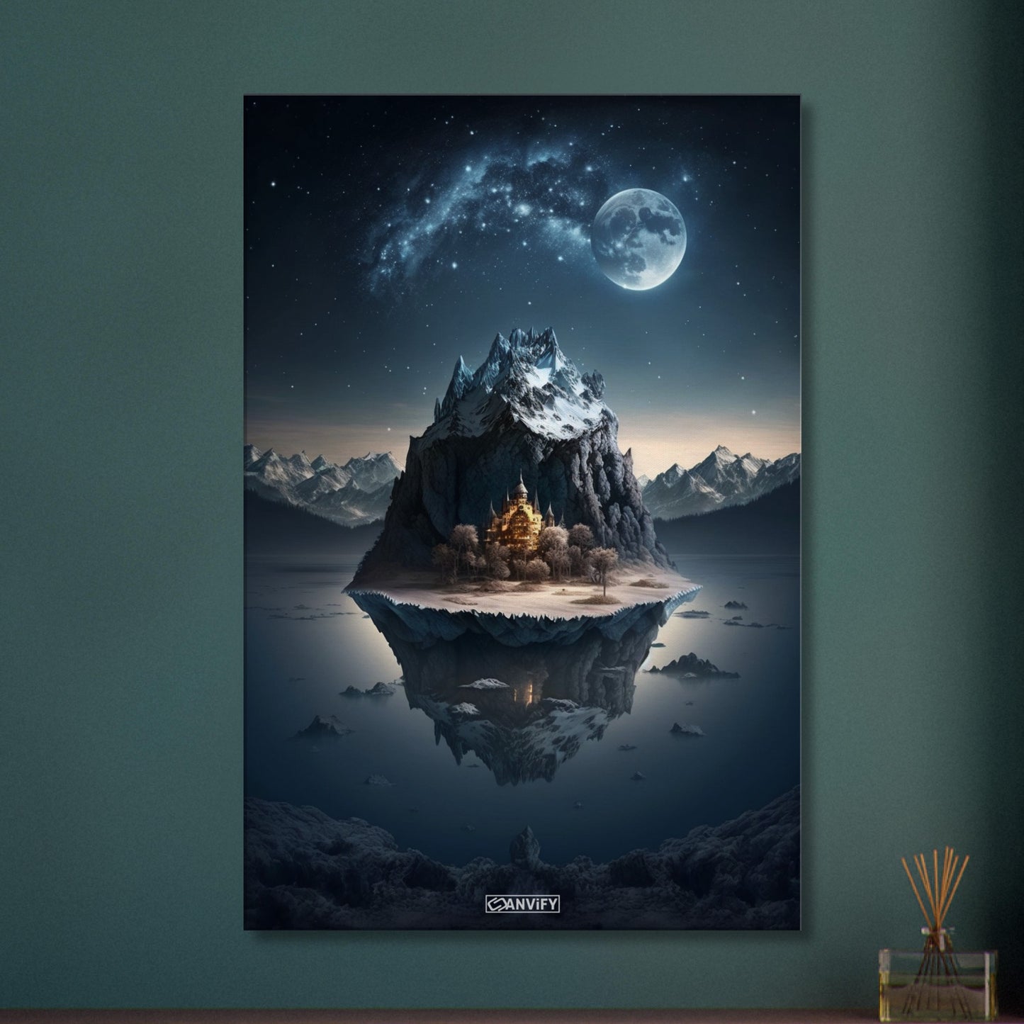 Leuchtendes Schloss auf einer Insel mit Schnee im Wasser unter einem Vollmond auf einer Leinwand