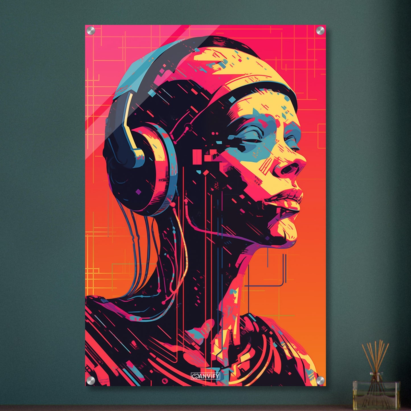 Frau mit Kopfhörern im Pop Art Stil auf einem Acrylbild