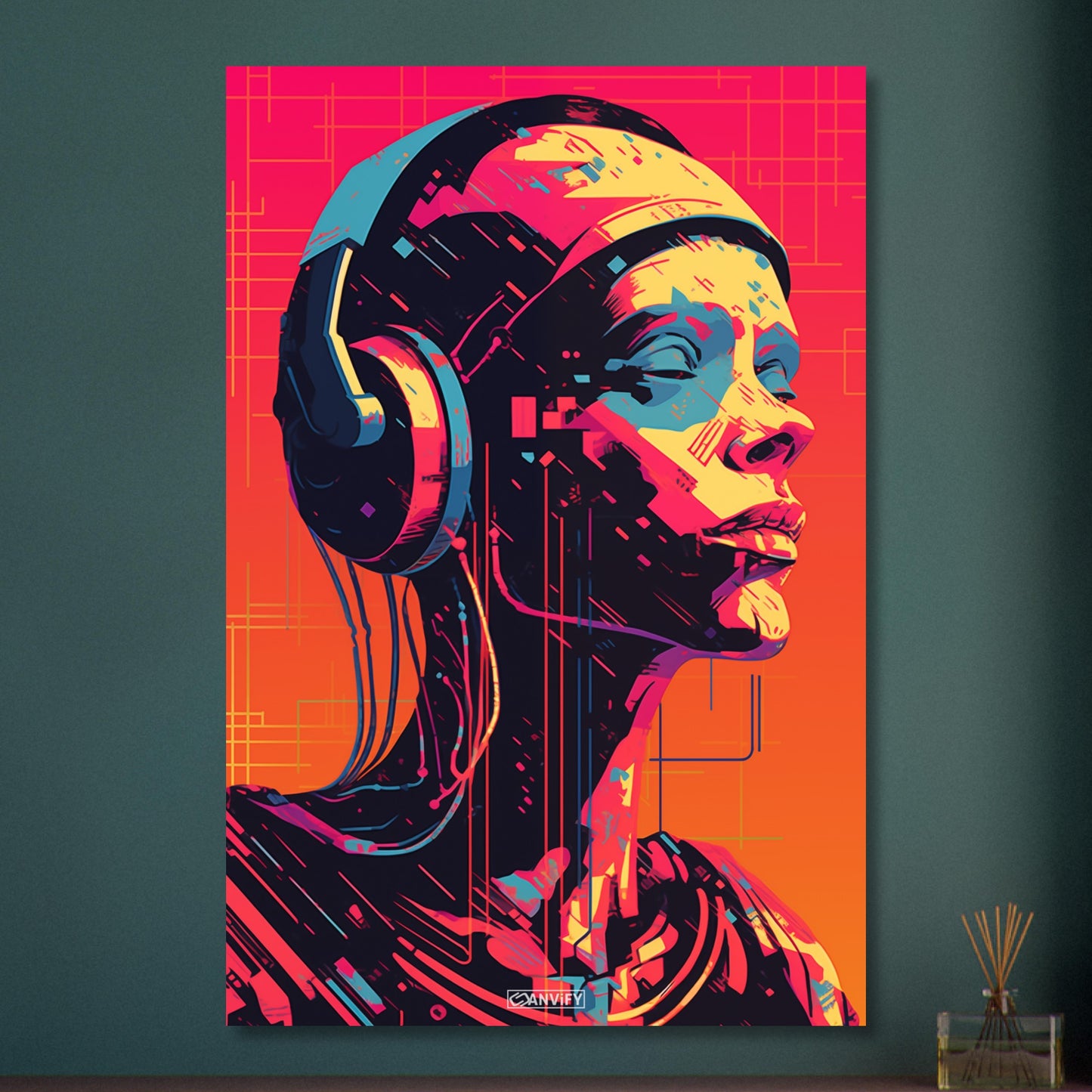 Frau mit Kopfhörern im Pop Art Stil auf Aluminium