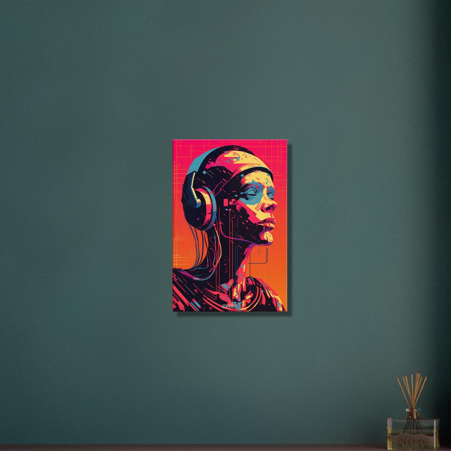 Frau mit Kopfhörern im Pop Art Stil auf einer Leinwand