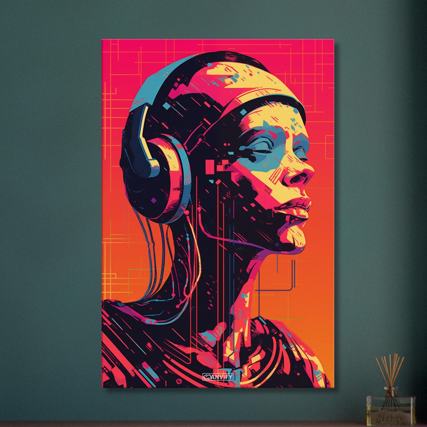 Frau mit Kopfhörern im Pop Art Stil auf einer Leinwand