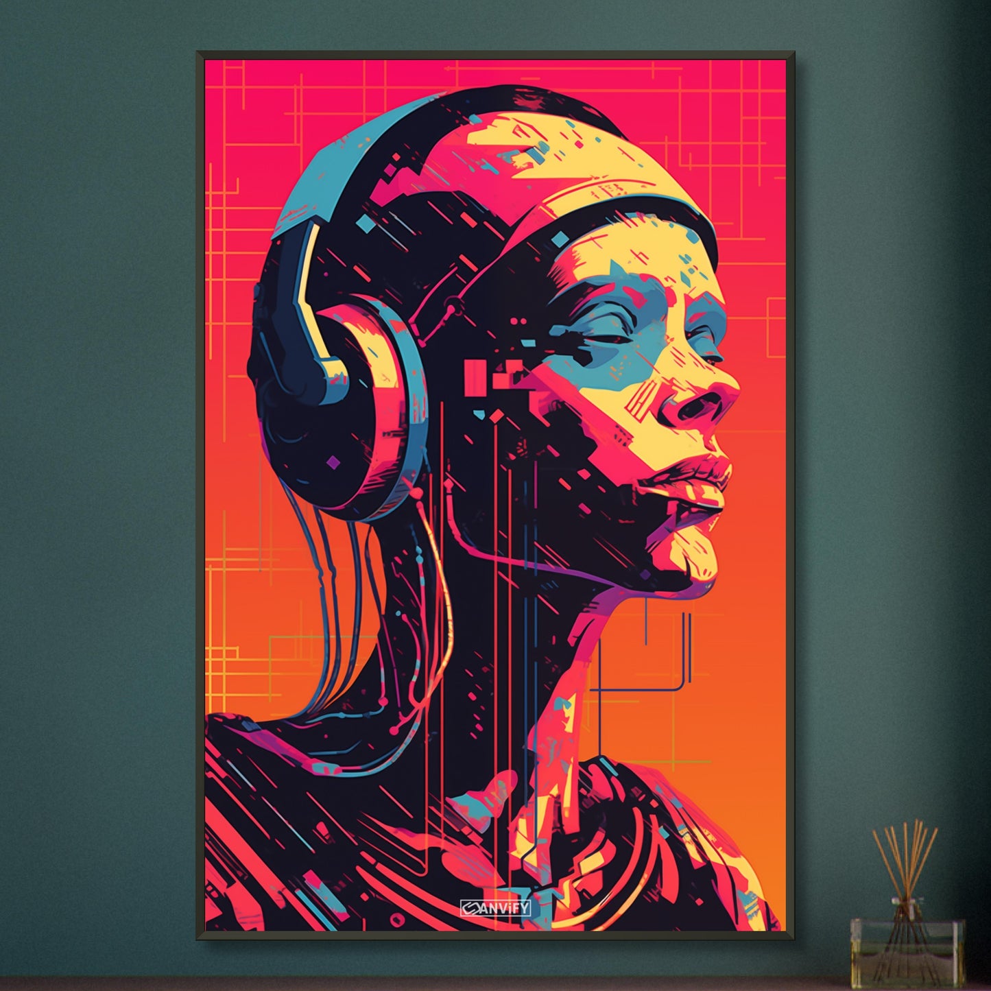 Frau mit Kopfhörern im Pop Art Stil auf einem Poster im Metallrahmen