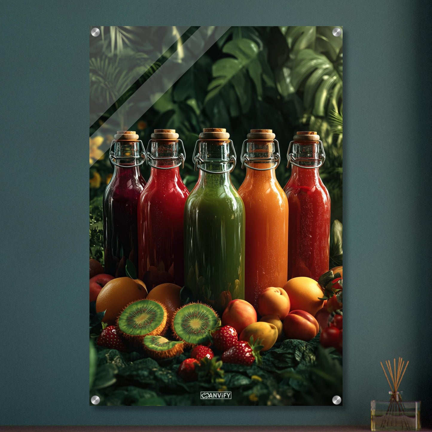 Fruchtsäfte in Glasflaschen mit Orangen, Kiwis, Erdbeeren und Pfirsichen auf einem Acrylbild