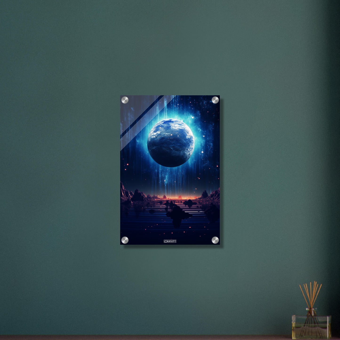 Blick durch das Hubble-Weltraumteleskop auf den glühenden Exoplaneten HD 189733b in seiner frühen Entstehungsphase auf einem Acrylbild