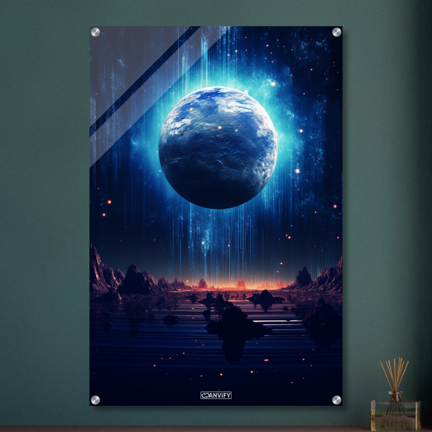 Blick durch das Hubble-Weltraumteleskop auf den glühenden Exoplaneten HD 189733b in seiner frühen Entstehungsphase auf einem Acrylbild