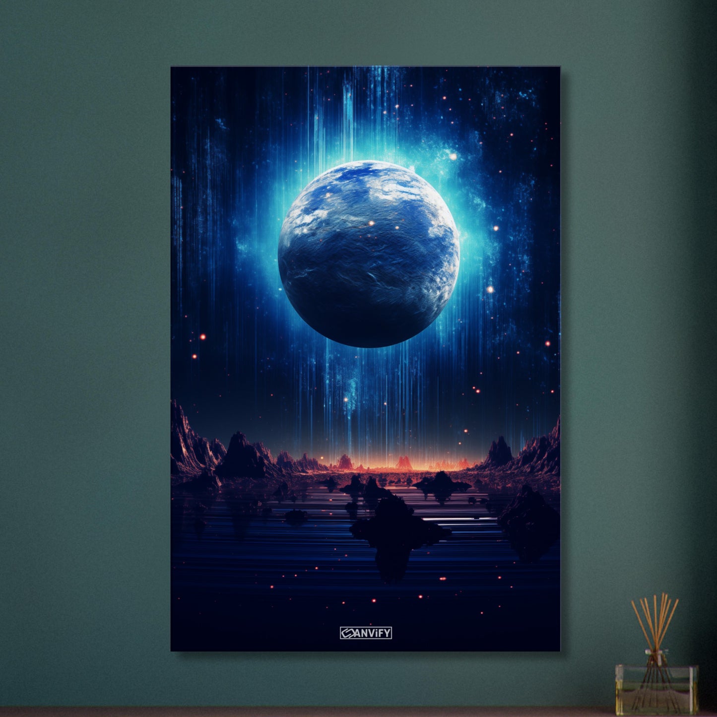 Blick durch das Hubble-Weltraumteleskop auf den glühenden Exoplaneten HD 189733b in seiner frühen Entstehungsphase auf einer Leinwand
