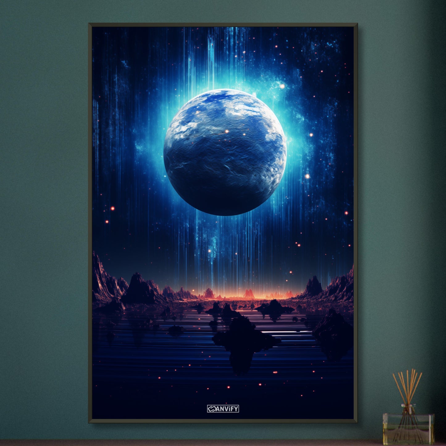 Blick durch das Hubble-Weltraumteleskop auf den glühenden Exoplaneten HD 189733b in seiner frühen Entstehungsphase auf einem Poster im Metallrahmen