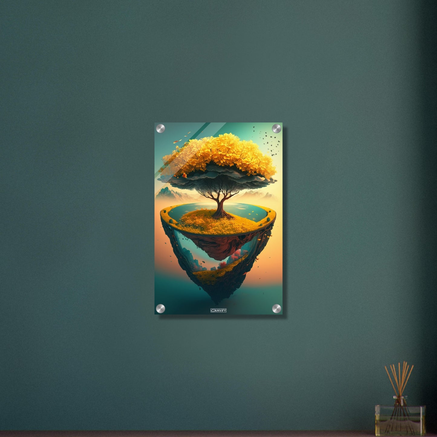 Goldener Ginkgobaum mit einem See auf einem Acrylbild