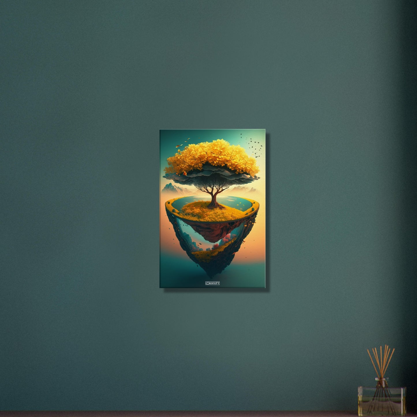 Goldener Ginkgobaum mit einem See auf einer Leinwand