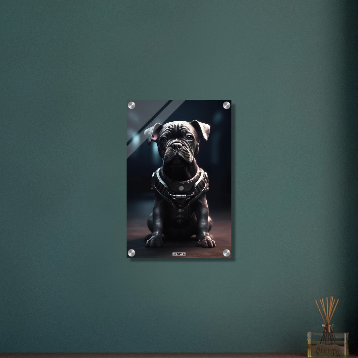 Schwarze Bulldogge im Superhelden Kostüm von Bane auf einem Acrylbild