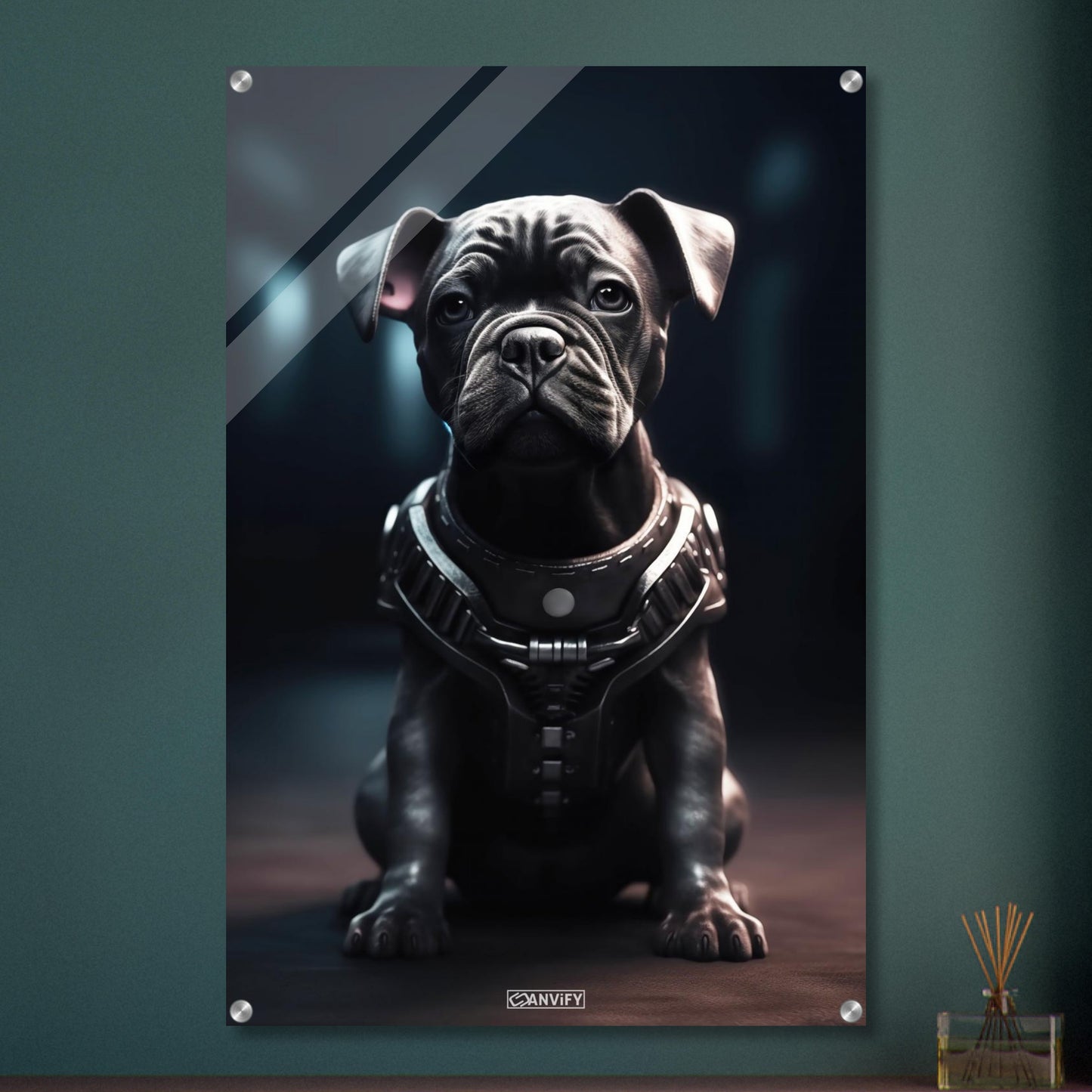 Schwarze Bulldogge im Superhelden Kostüm von Bane auf einem Acrylbild