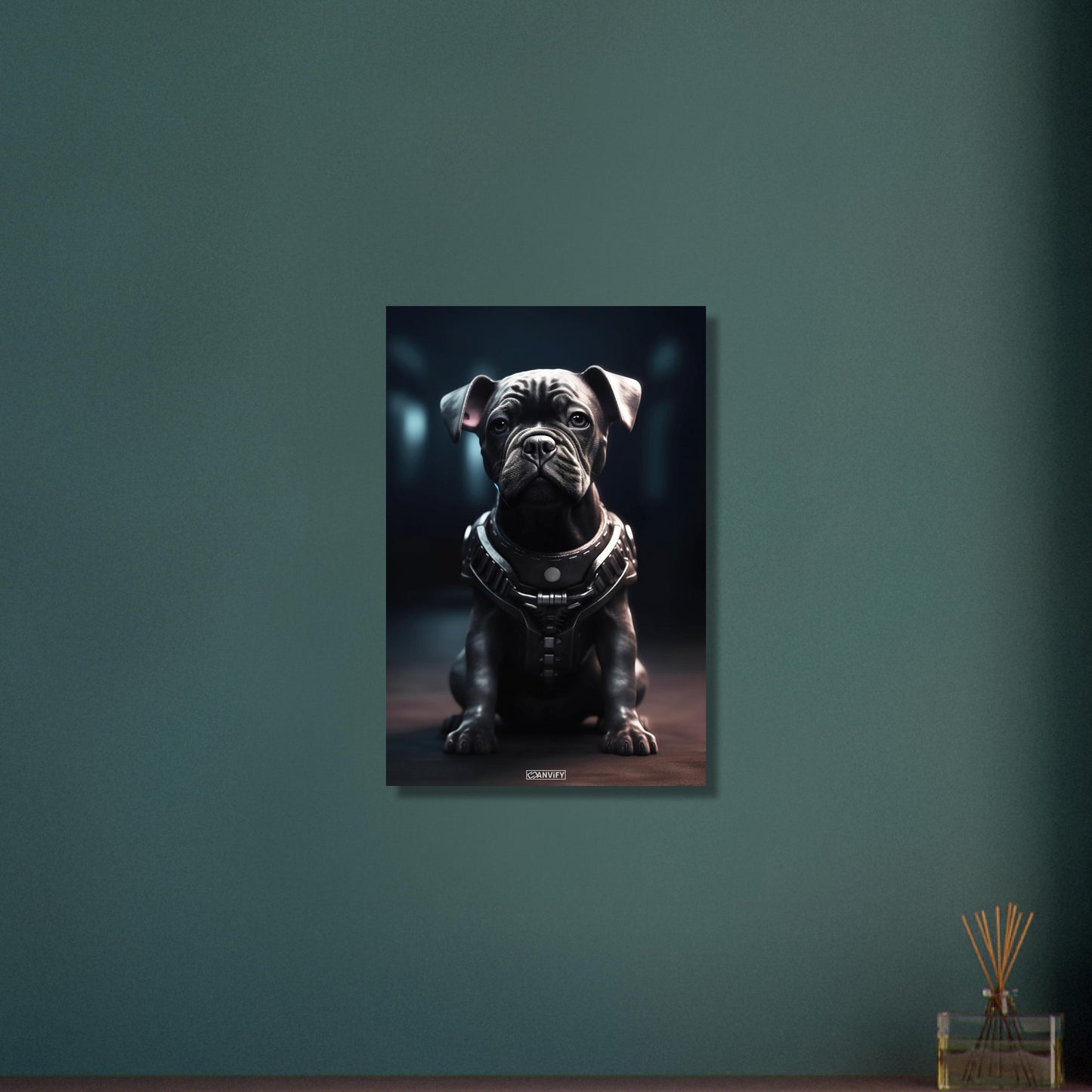 Schwarze Bulldogge im Superhelden Kostüm von Bane auf Aluminium