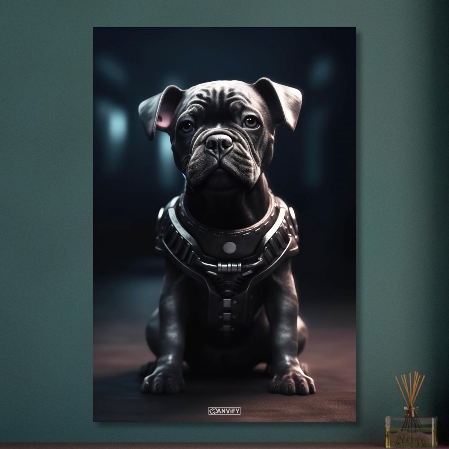 Schwarze Bulldogge im Superhelden Kostüm von Bane auf Aluminium