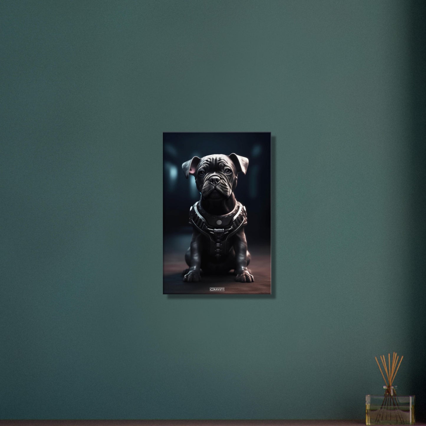 Schwarze Bulldogge im Superhelden Kostüm von Bane auf einer Leinwand