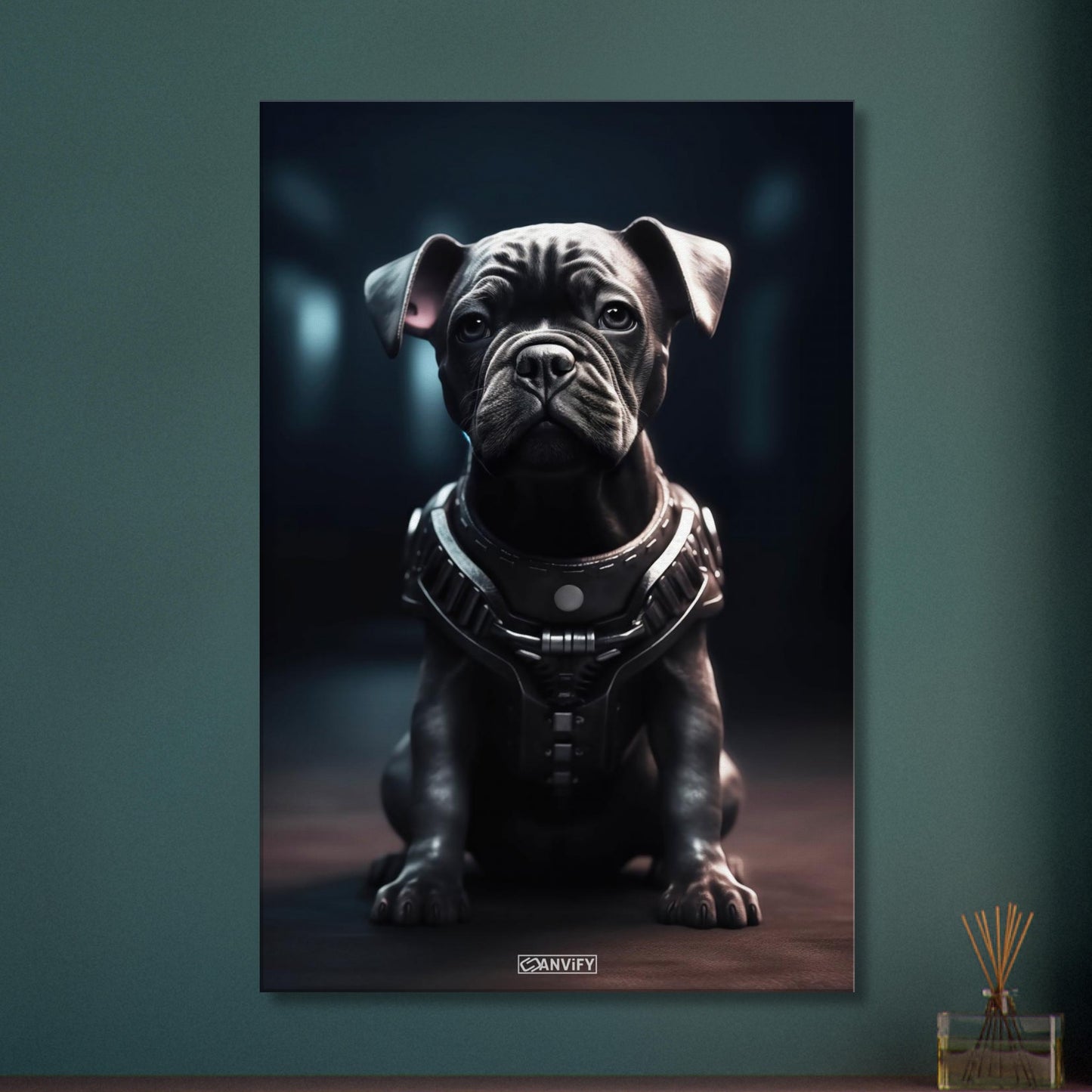 Schwarze Bulldogge im Superhelden Kostüm von Bane auf einer Leinwand