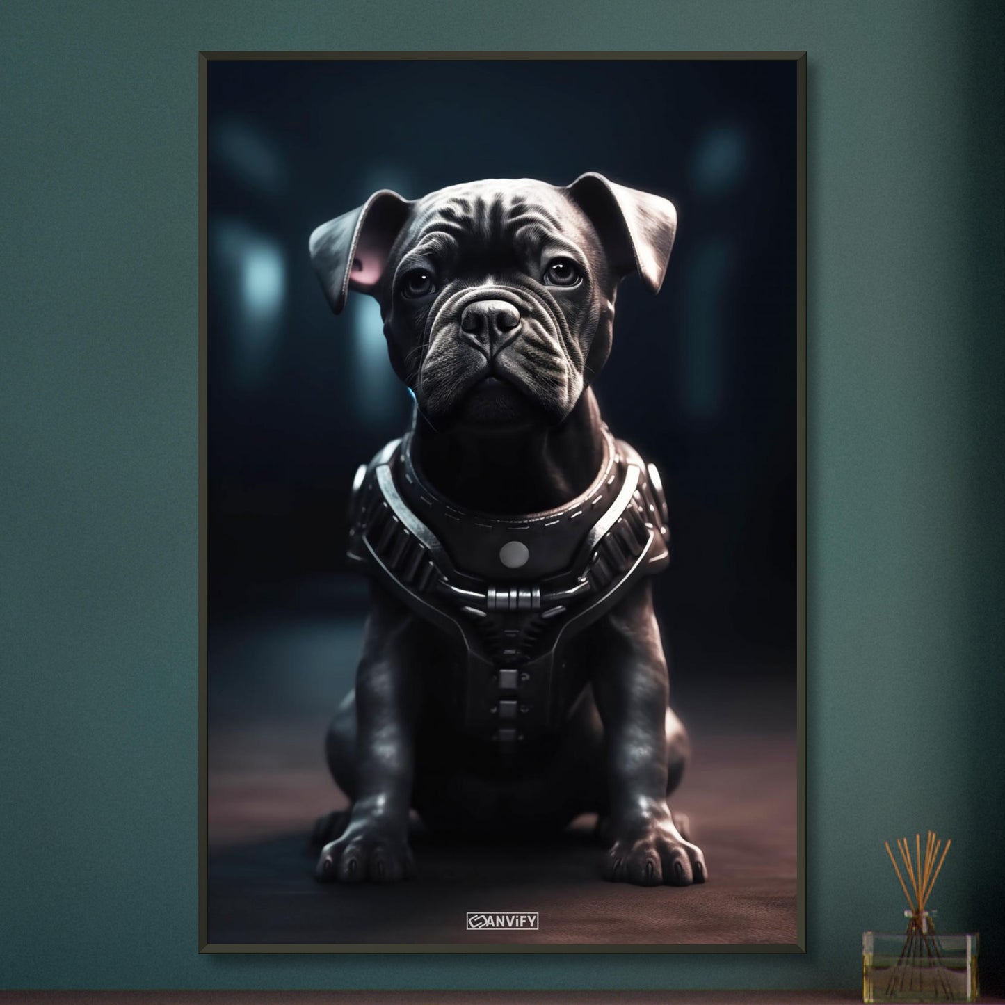 Schwarze Bulldogge im Superhelden Kostüm von Bane auf einem Poster im Metallrahmen