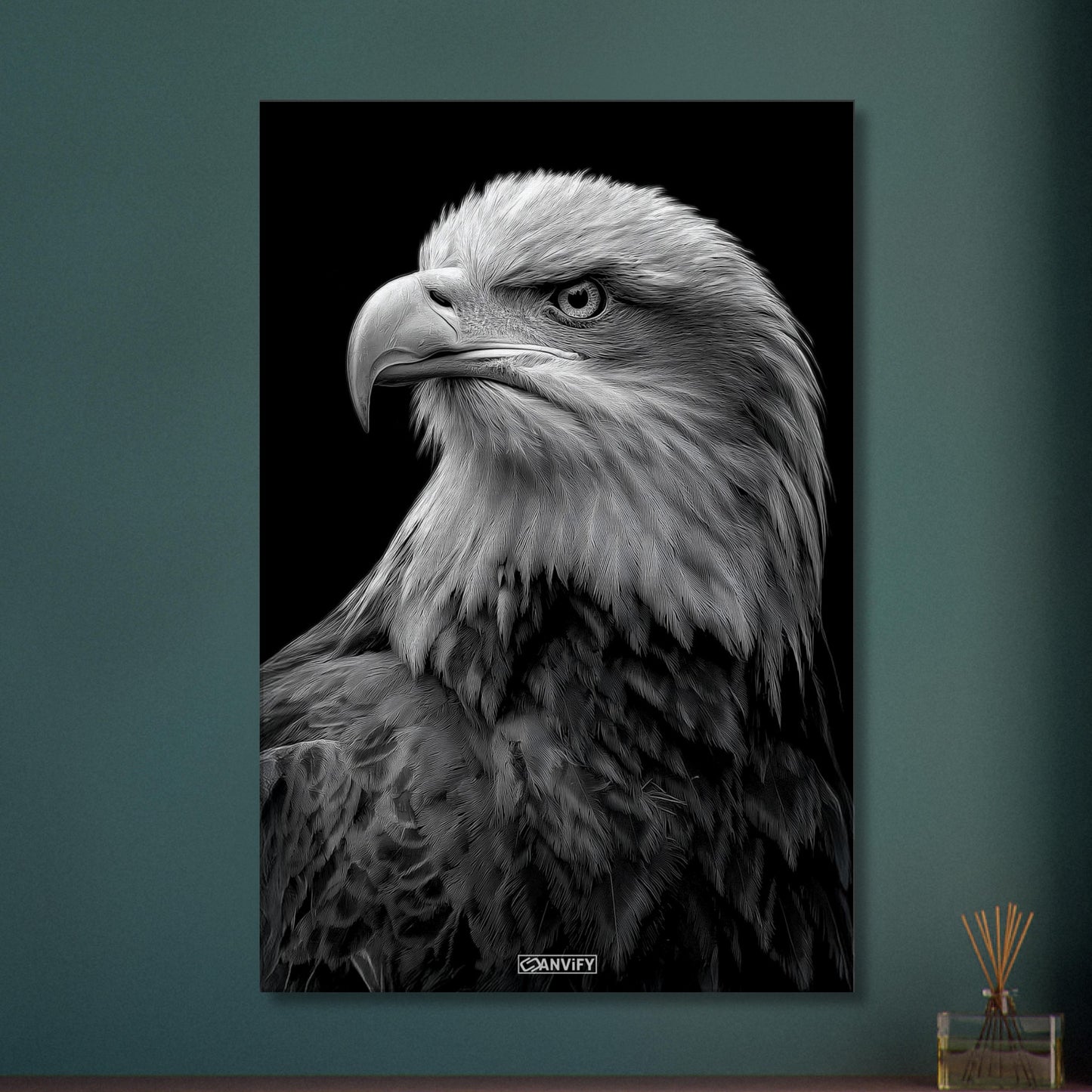 Weißkopfadler Portrait in Schwarz und Weiß auf einer Leinwand