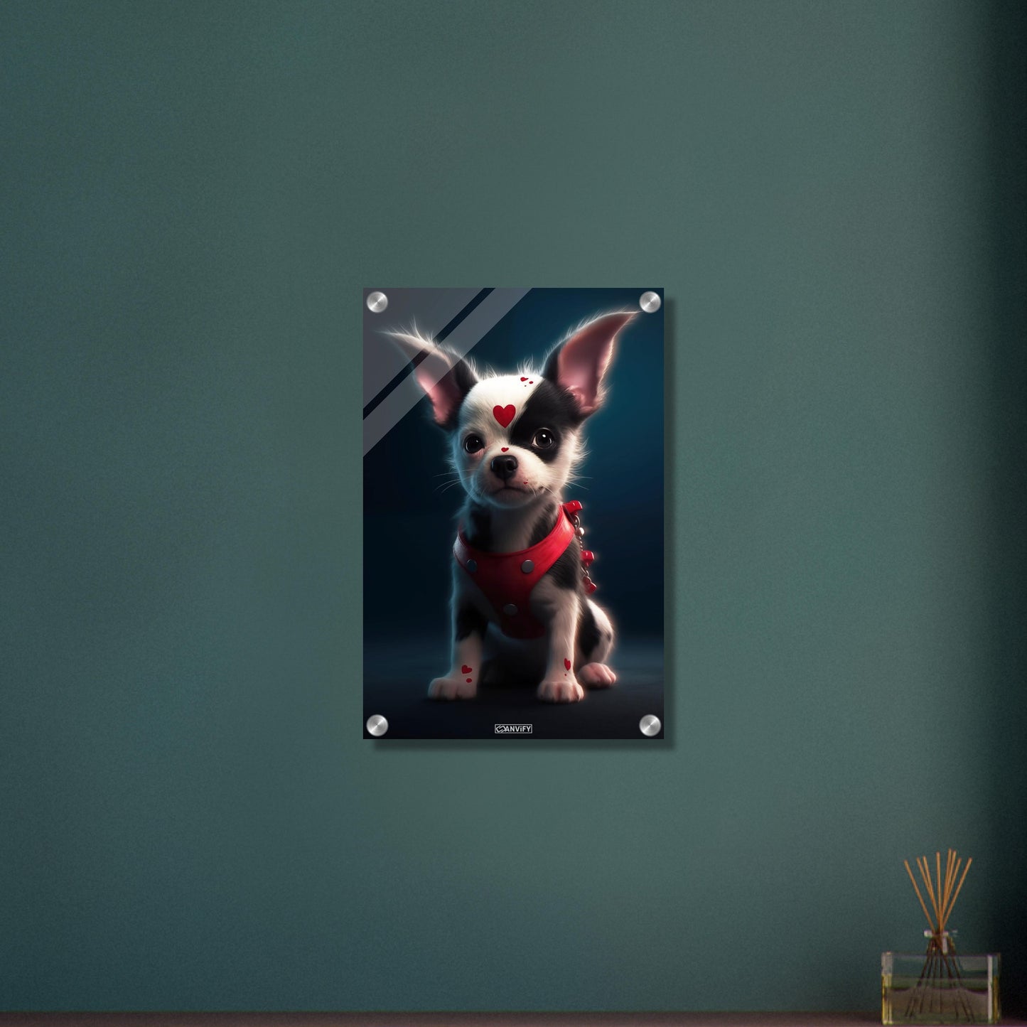 Chihuahua im Superhelden Kostüm von Harley Quinn auf einem Acrylbild