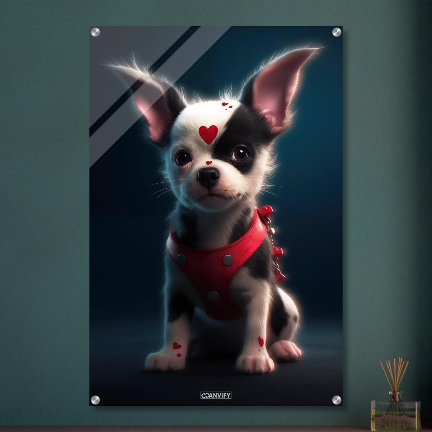 Chihuahua im Superhelden Kostüm von Harley Quinn auf einem Acrylbild