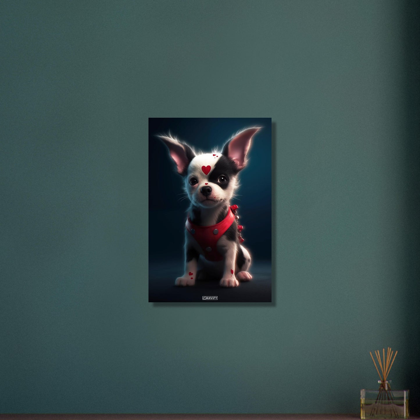 Chihuahua im Superhelden Kostüm von Harley Quinn auf Aluminium