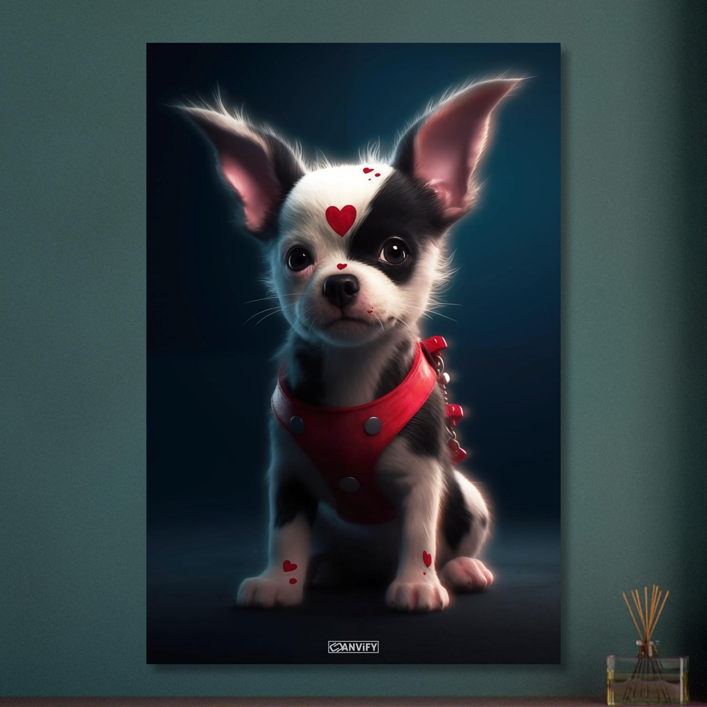 Chihuahua im Superhelden Kostüm von Harley Quinn auf Aluminium