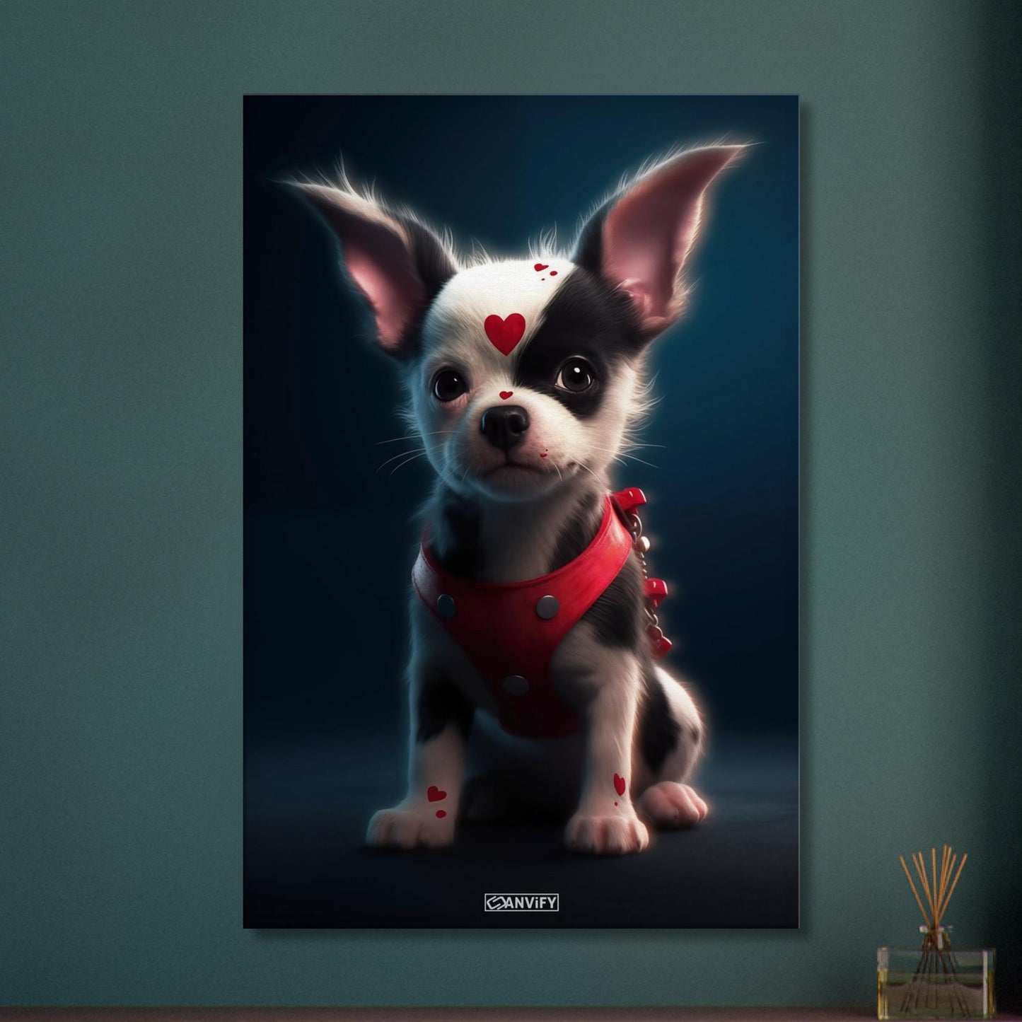 Chihuahua im Superhelden Kostüm von Harley Quinn auf einer Leinwand