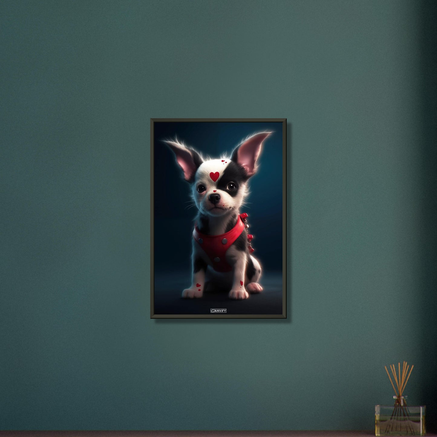 Chihuahua im Superhelden Kostüm von Harley Quinn auf einem Poster im Metallrahmen