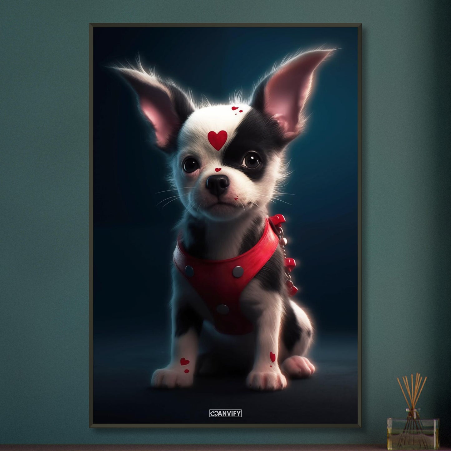 Chihuahua im Superhelden Kostüm von Harley Quinn auf einem Poster im Metallrahmen