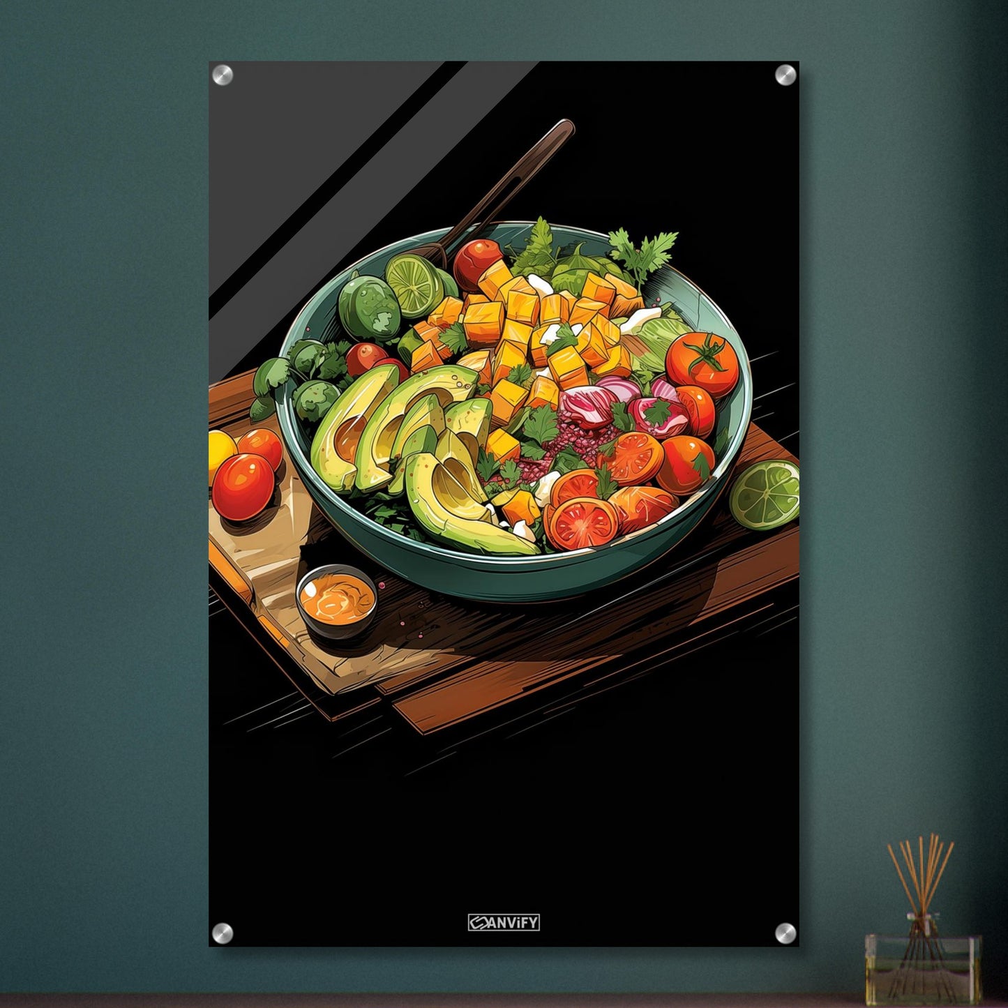 Gesunde Gemüsebowl mit Sauce im Comic Stil auf einem Acrylbild