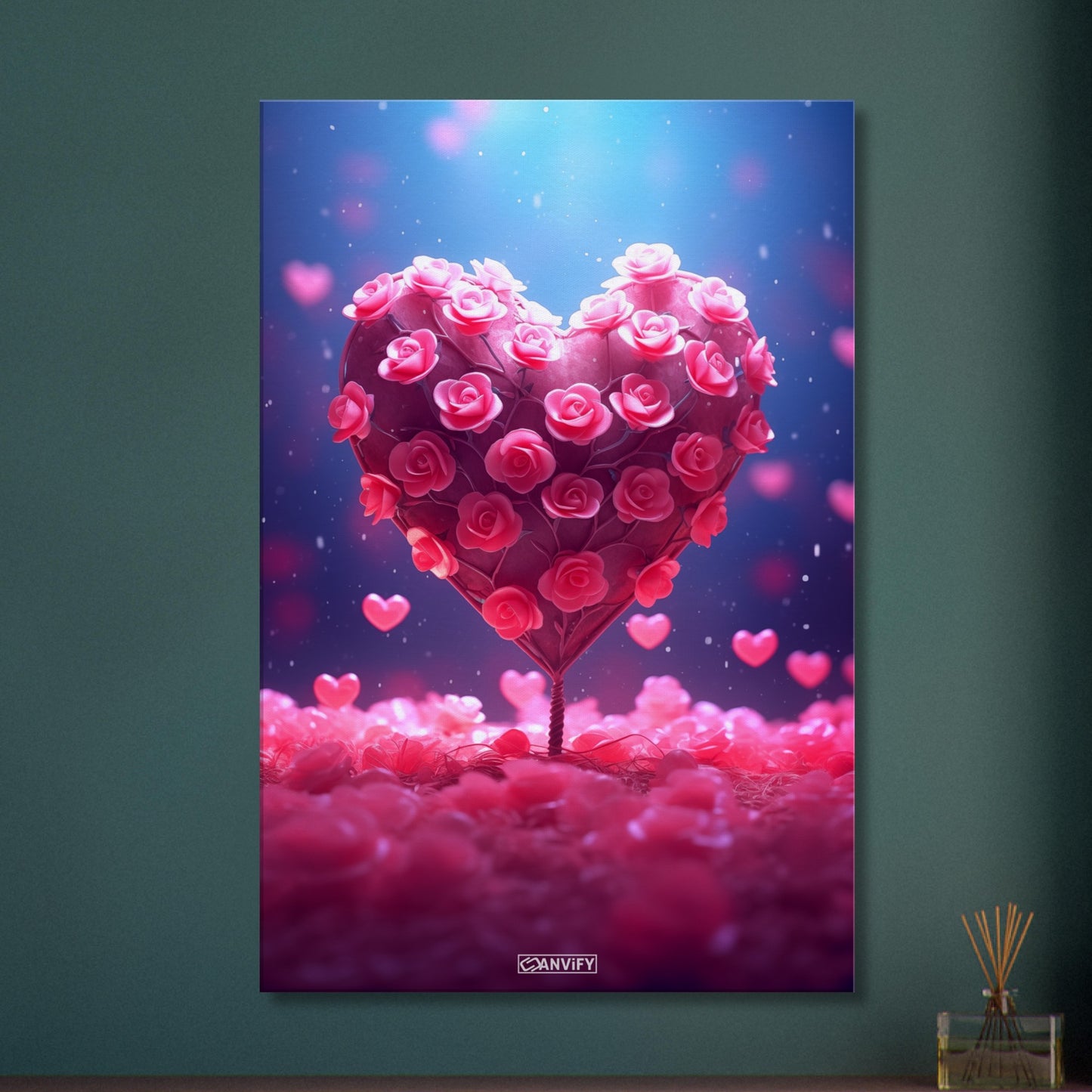 Pinker Rosenbusch in einer Herzform und vielen kleinen Herzen auf einer Leinwand