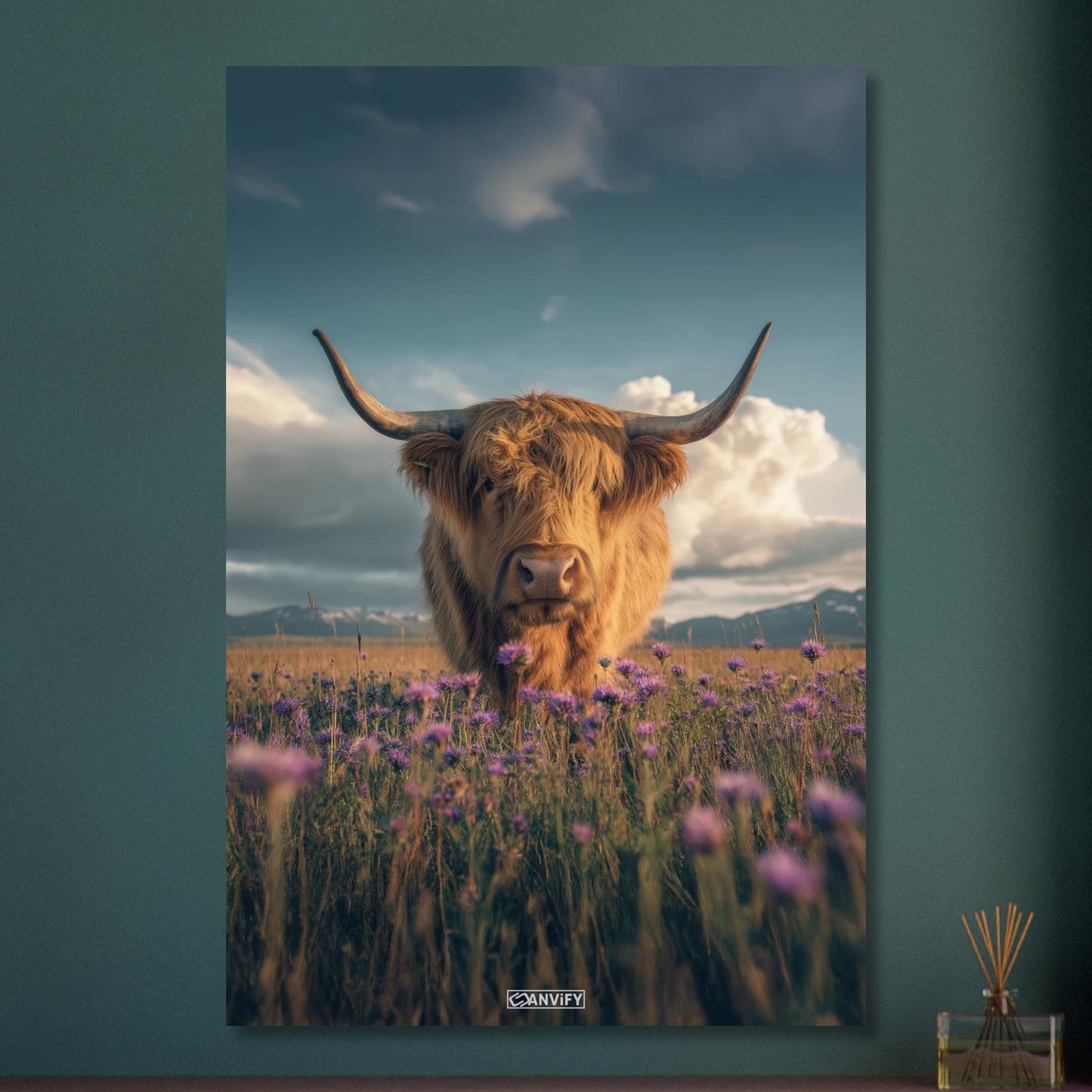 Schottisches Hochlandrind auf einer Blumenwiese auf Aluminium