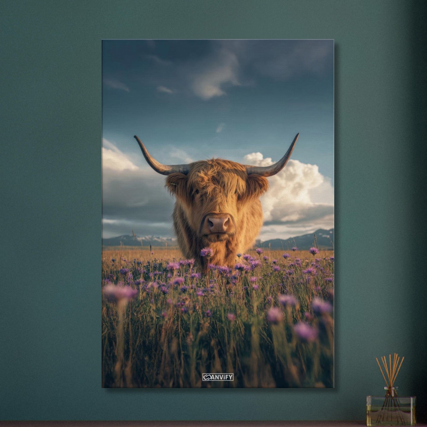 Schottisches Hochlandrind auf einer Blumenwiese auf einer Leinwand