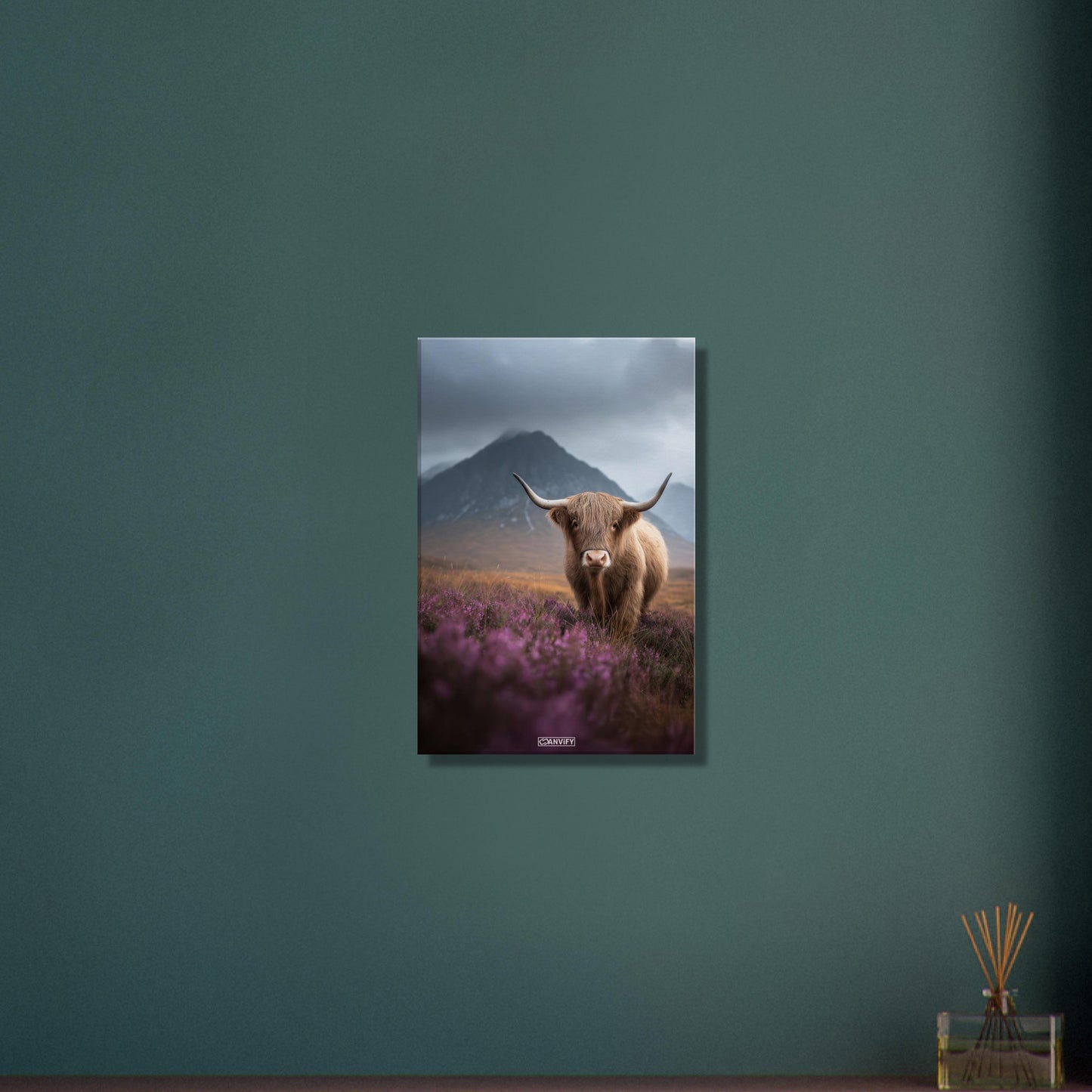 Schottisches Hochlandrind in den Bergen auf einer Leinwand