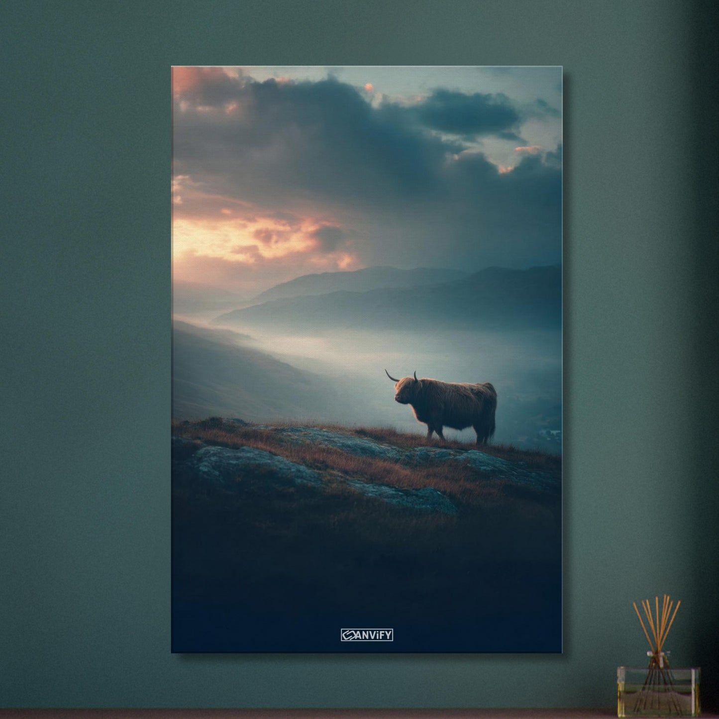 Hochlandrind in den Bergen von Schottland auf einer Leinwand