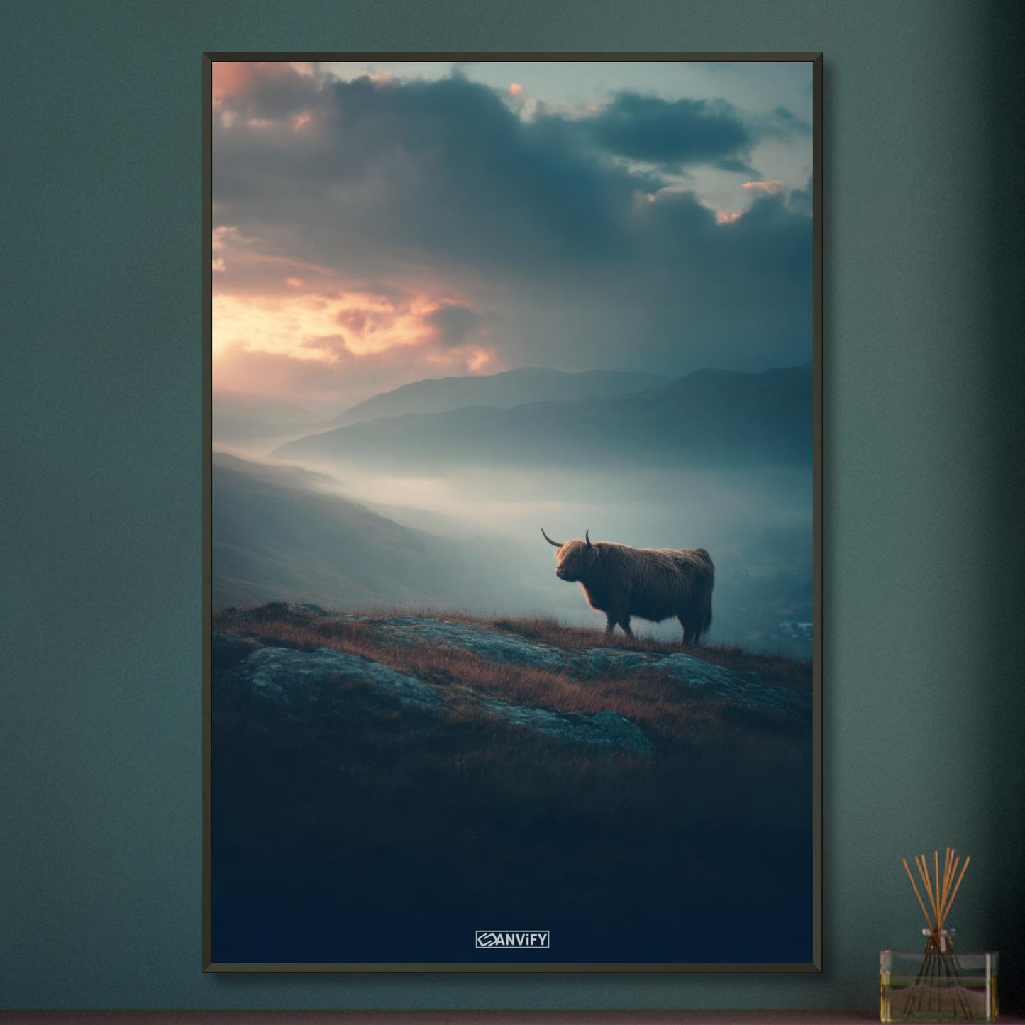Hochlandrind in den Bergen von Schottland auf einem Poster im Metallrahmen