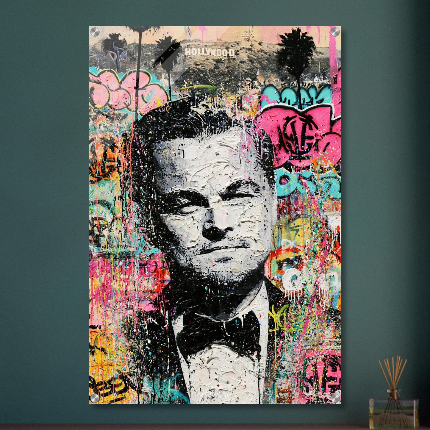 Leonardo DiCaprio vor dem Hollywood Sign im Pop Art Stil auf einem Acrylbild