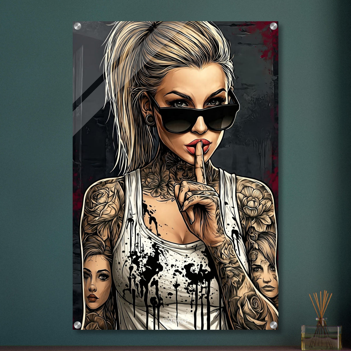 Schöne Frau mit Sonnenbrille und Tattoos im Modern Art Stil auf einem Acrylbild