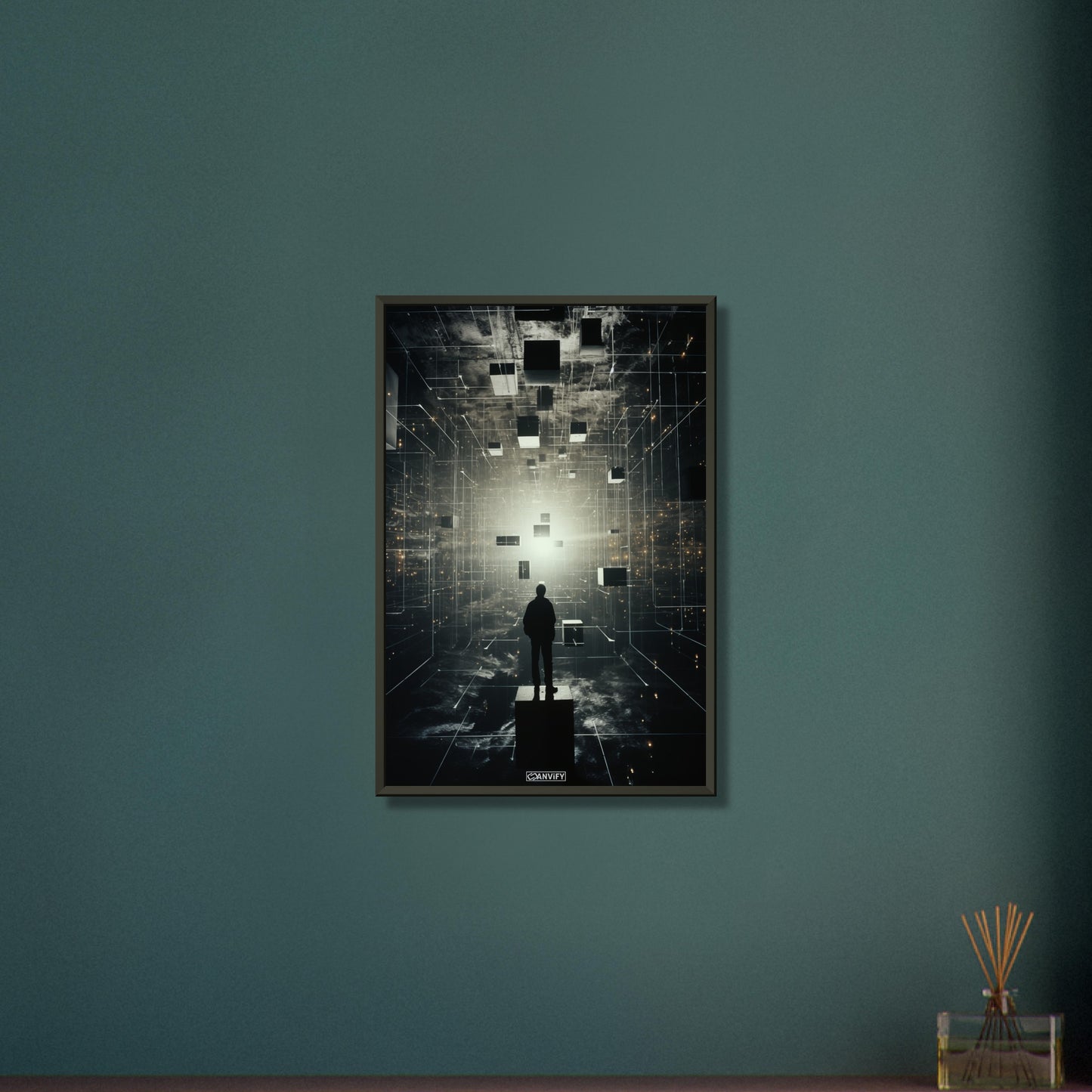 Mensch gefangen in der fünften Dimension auf einem Poster im Metallrahmen