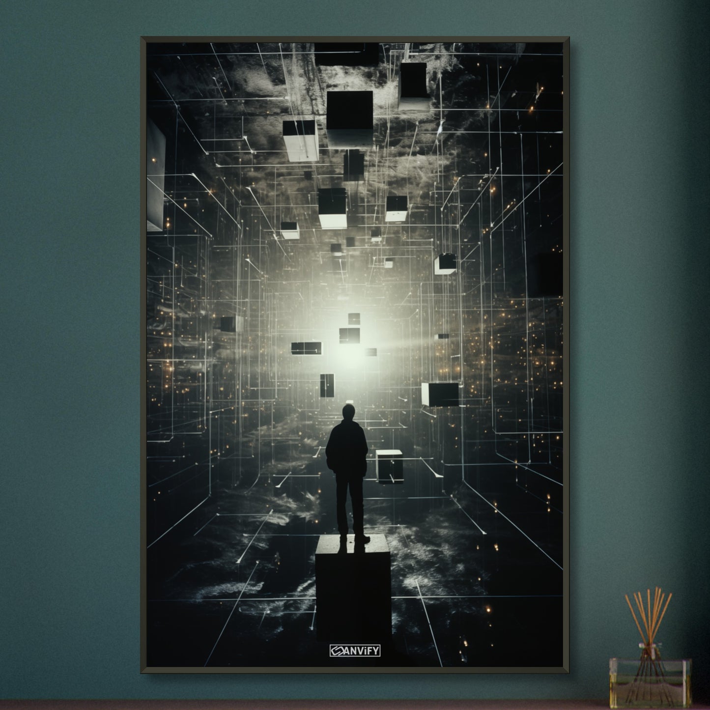 Mensch gefangen in der fünften Dimension auf einem Poster im Metallrahmen